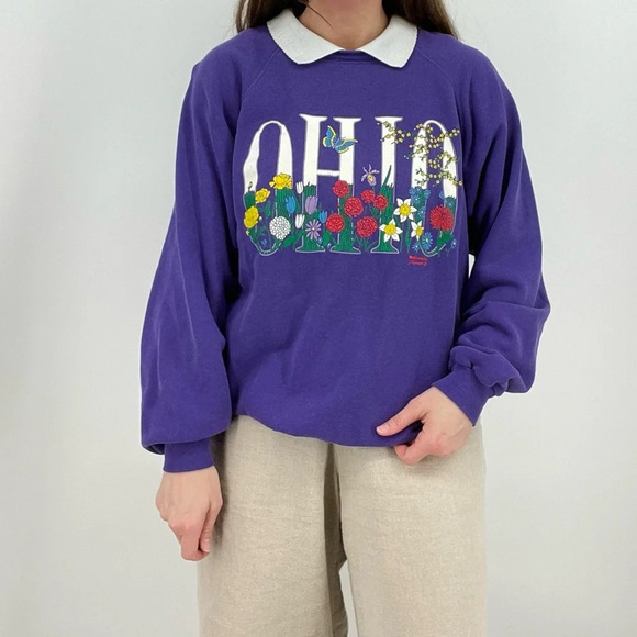 vtg grandma cottagecore oversized “Ohio” flowers graphic sweatshirt pointelle XL - Picture 1 of 8